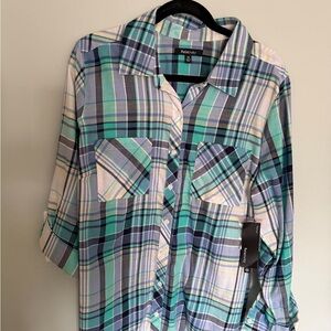 Relativity Mint & Navy Plaid Button-Up Spring Shirt 2X NWT
